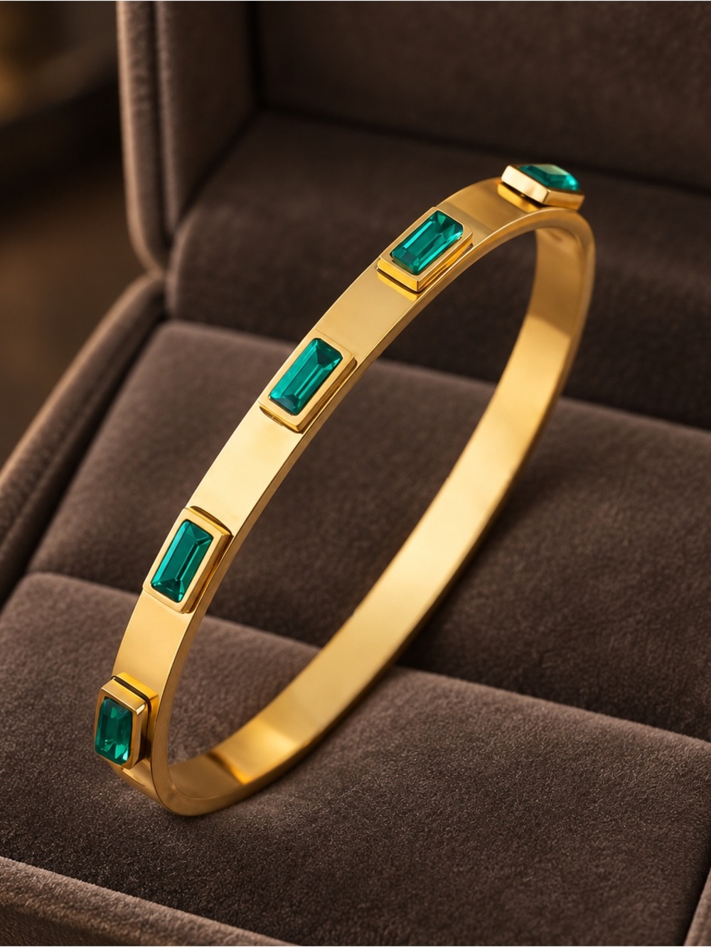 Gold Cuff Bracelet with Emerald Green Stones - Picture 3 of 5